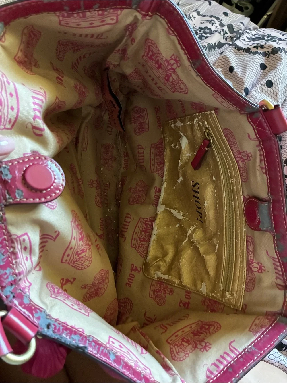 Juicy Couture Hot Pink Suede Tote with Gold Embroidery and Heart Charms